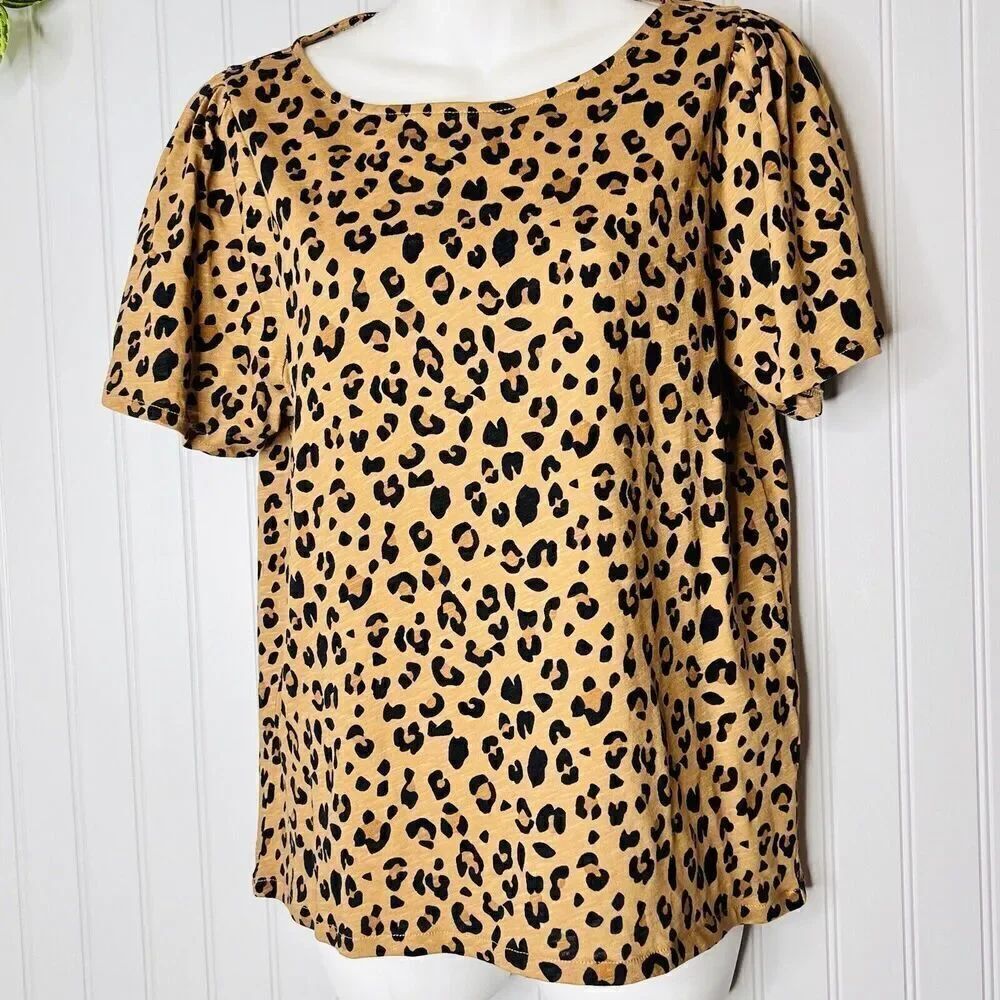 J.Crew Factory Sz M Short Sleeve Puff Sleeve Leopard Animal Print Top Shirt 0106